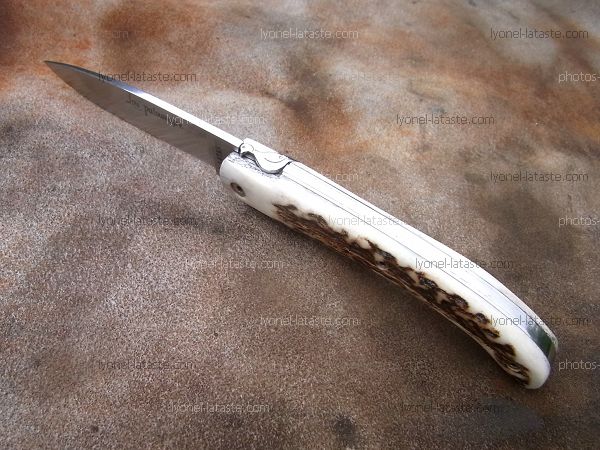 Couteau LOU PALOUMAYRE manche en bois de cerf et sa palombe sur le ressort