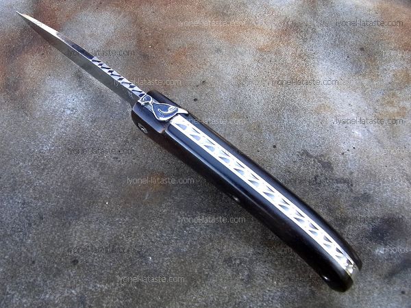 Couteau LOU PALOUMAYRE manche en ébène avec guillochage du ressort, du dos de la lame ainsi que les vis de serrage.
