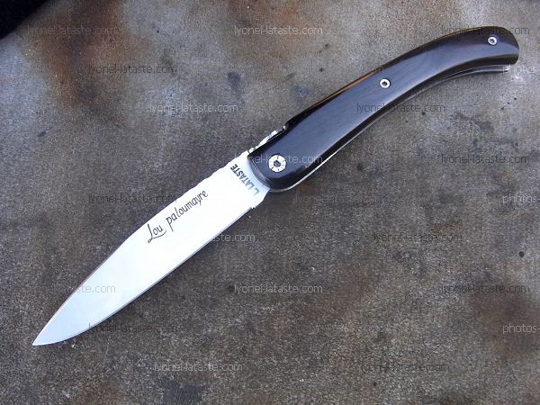 Couteau LOU PALOUMAYRE manche ébène et sa palombe, guillochage complet