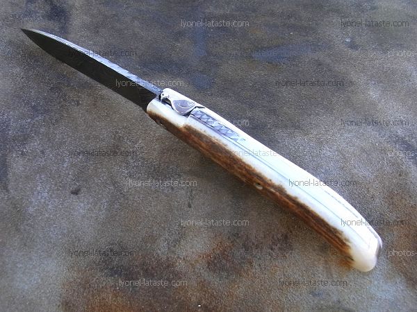 Couteau LOU PALOUMAYRE manche en bois de cerf et sa palombe avec petit guillochage sur le ressort.