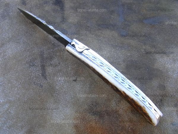 Couteau LOU PALOUMAYRE manche en bois de cerf et sa palombe avec petit guillochage sur le ressort.