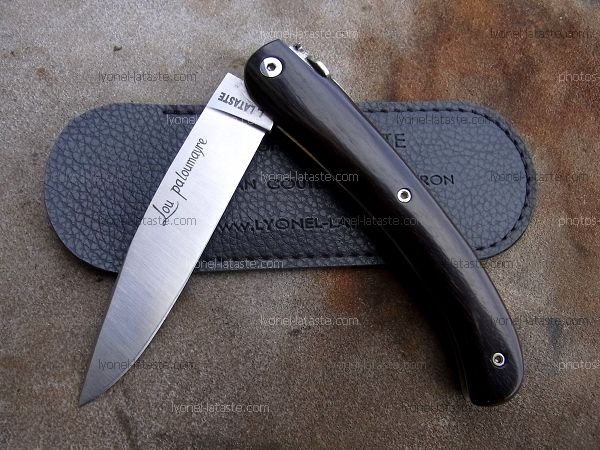 Couteau LOU PALOUMAYRE manche en ébène avec son étui de protection, (fourreau de poche).