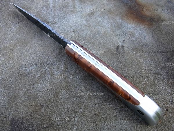 Couteau LE BACASSIER manche en racine de thuya avec petit guillochage sur le ressort ainsi que le dos de lame.