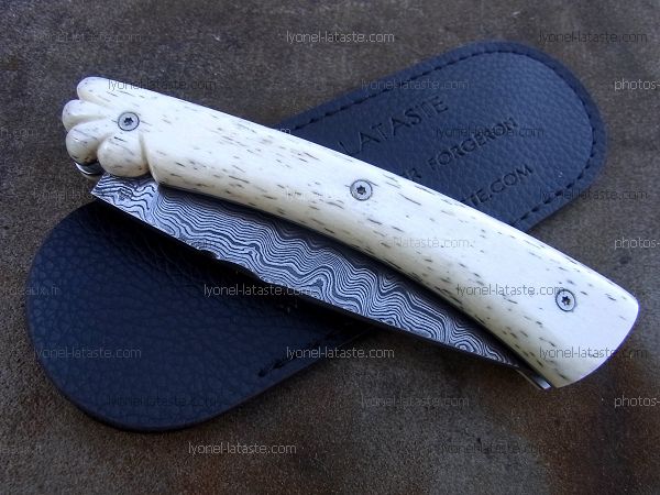 Couteau Le GRAAL, lame damas avec son étui de protection,(fourreau de poche)