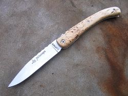 Couteau LOU PALOUMAYRE manche bouleau madré et sa palombe, guillochage complet