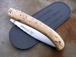 Couteau LOU PALOUMAYRE manche en bouleau madré avec son étui de protection, fourreau de poche.
